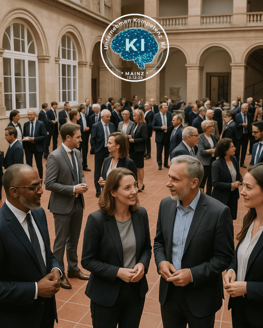 Hero Image von Unternehmen Kompetenz KI, welches Besucher des Kongresses zeigt, die sich austauschen
