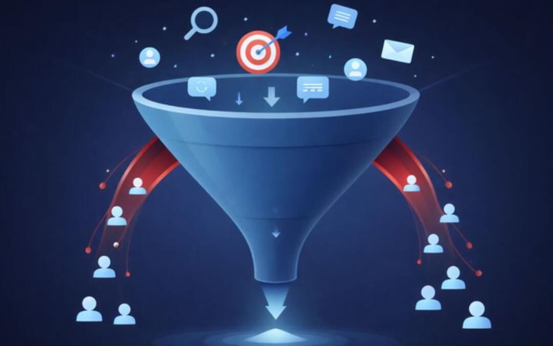 Visualisierung vom Content-Intent-Drama: Trichter, in den Content hereingeführt wird, allerdings gehen jegliche Leads verloren, der Trichter ist undicht. Am Ende des Trichters kommt somit nichts mehr an/heraus.