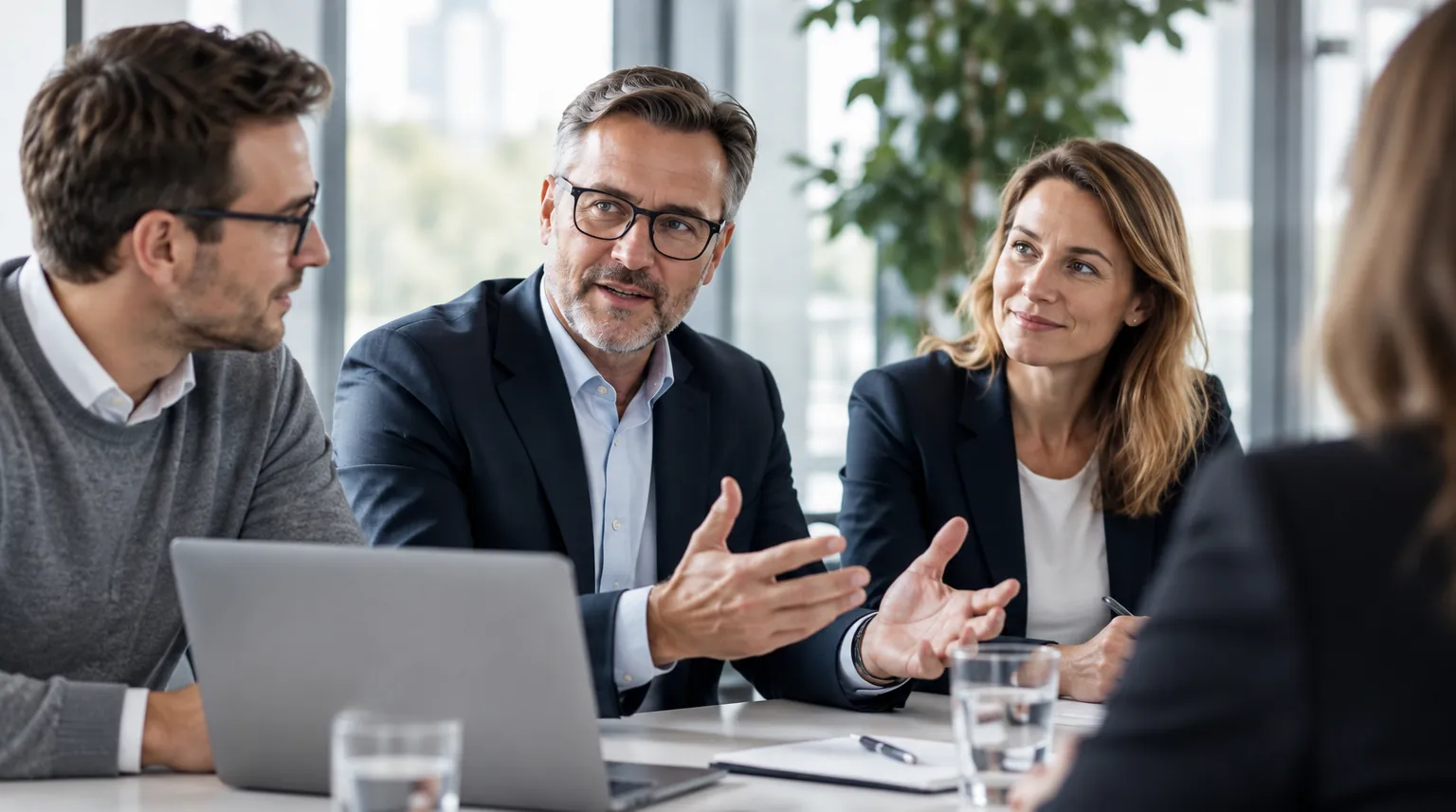 Berater im Gespräch mit einer Kundin am Besprechungstisch in einem hellen, modernen Büro Berater im Gespräch mit einer Kundin am Besprechungstisch in einem hellen, modernen Büro