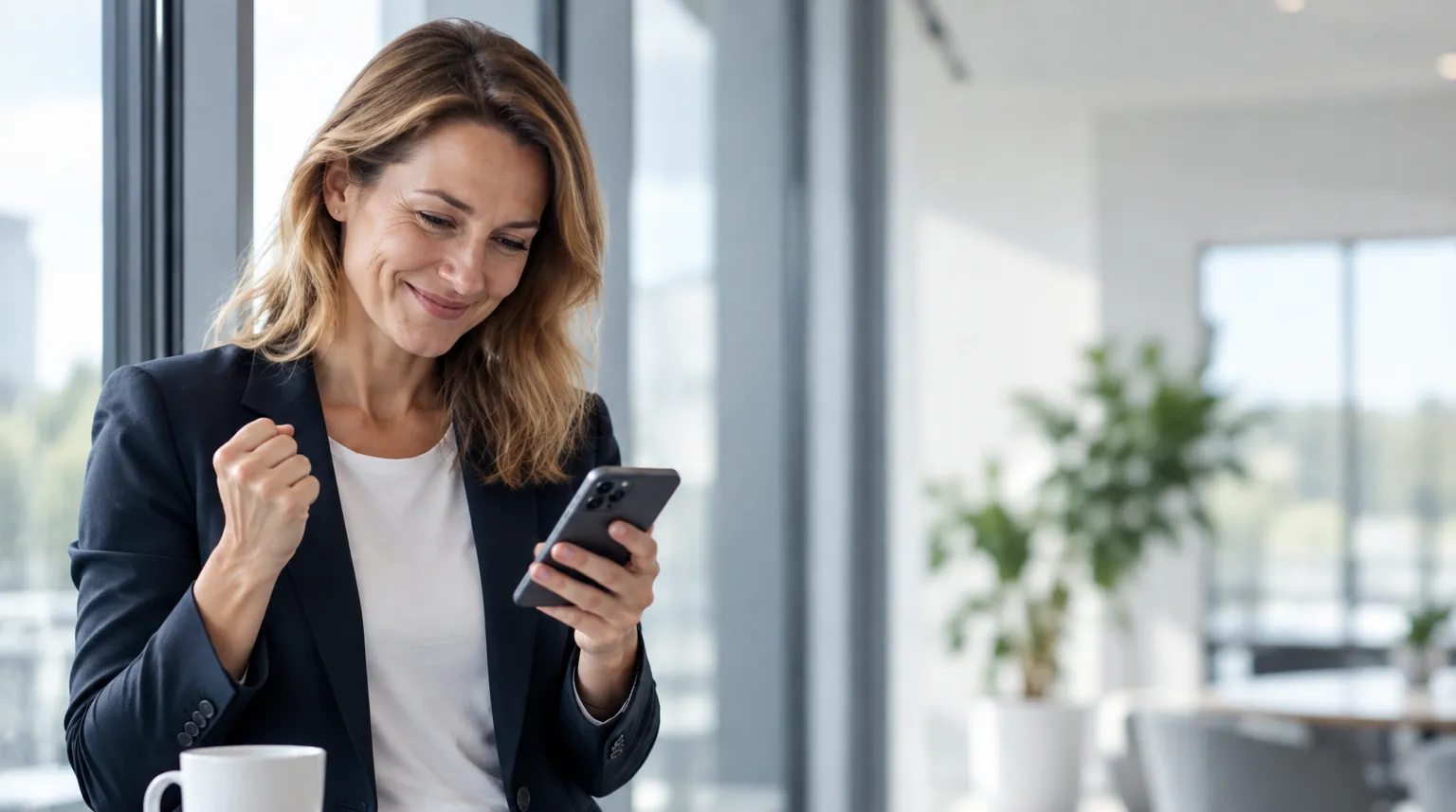 Beraterin freut sich über eine neue Kundenanfrage auf dem Smartphone Beraterin freut sich über eine neue Kundenanfrage auf dem Smartphone