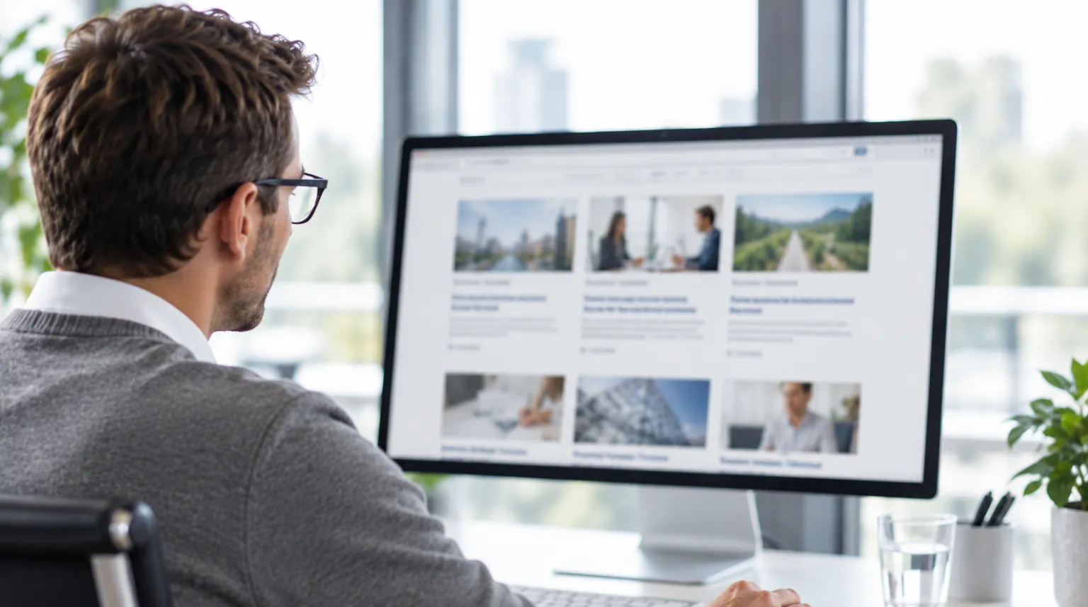 Mitarbeiter prüft die Beitragsübersicht einer Website am Monitor Mitarbeiter prüft die Beitragsübersicht einer Website am Monitor