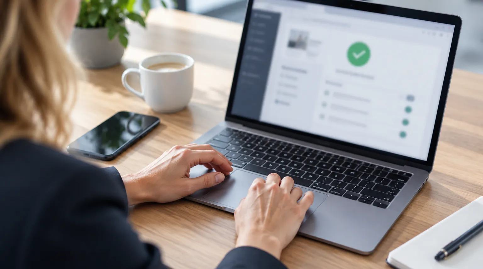 Laptop zeigt eine erfolgreich verbundene Website, Hände am Trackpad Laptop zeigt eine erfolgreich verbundene Website, Hände am Trackpad