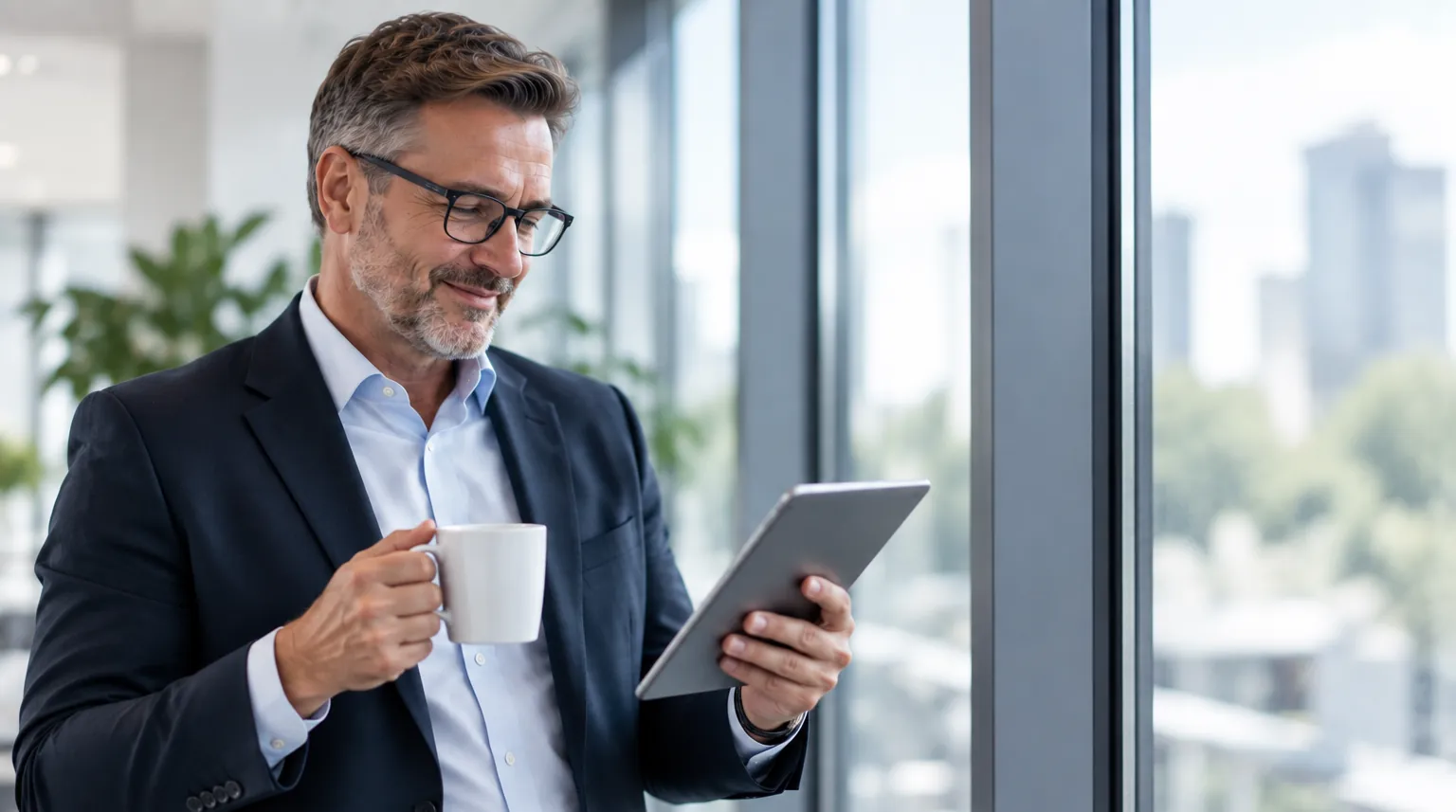 Berater prüft und gibt einen Beitrag auf dem Tablet frei, Kaffee in der Hand Berater prüft und gibt einen Beitrag auf dem Tablet frei, Kaffee in der Hand