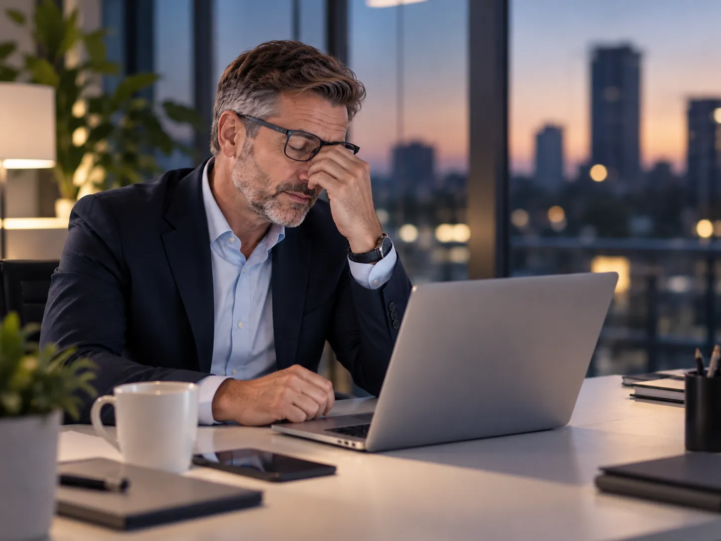 Erschöpfter Berater spät abends am Laptop im Büro Erschöpfter Berater spät abends am Laptop im Büro