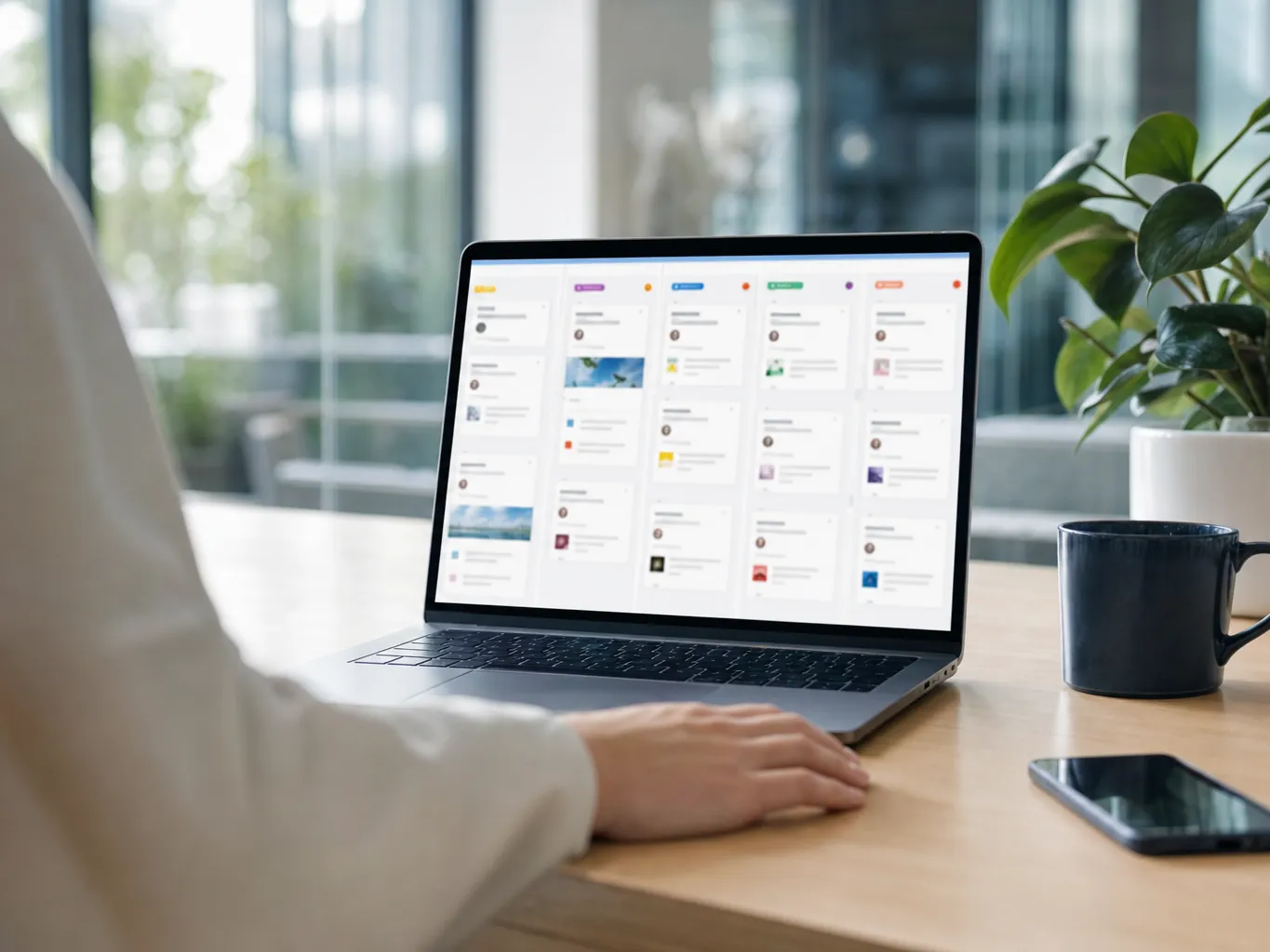Laptop mit einem digitalen Redaktionsplan in Spalten, daneben eine Kaffeetasse