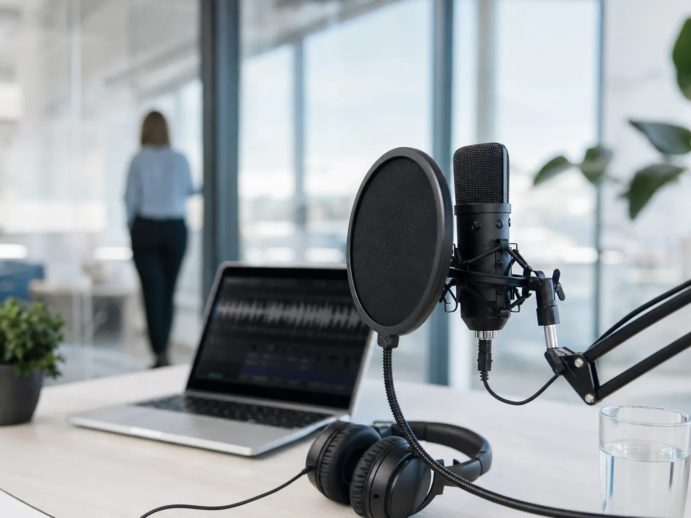 Podcast-Mikrofon und Kopfhörer in einem hellen Büro