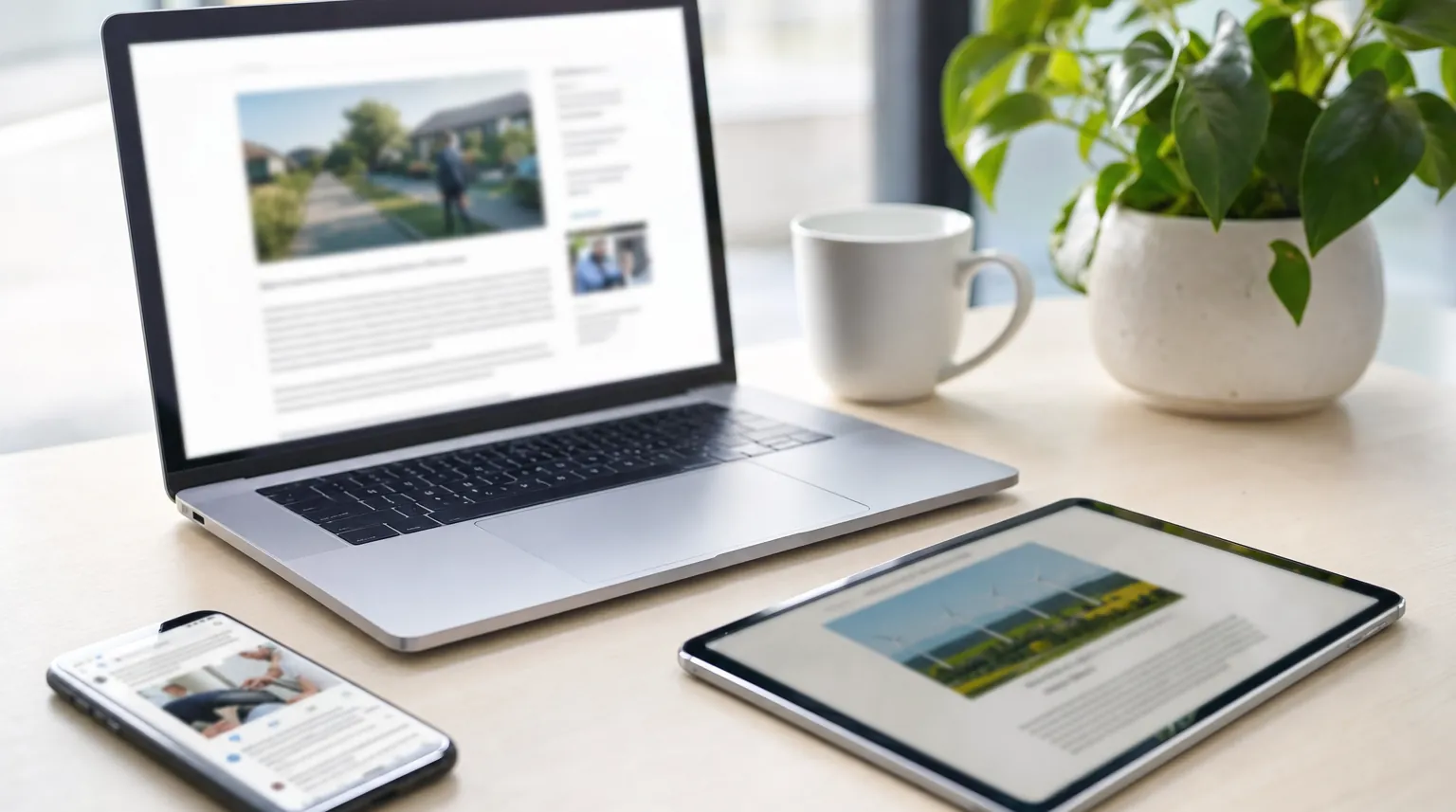 Blogbeitrag, LinkedIn-Beitrag und E-Mail-Newsletter auf Laptop, Smartphone und Tablet