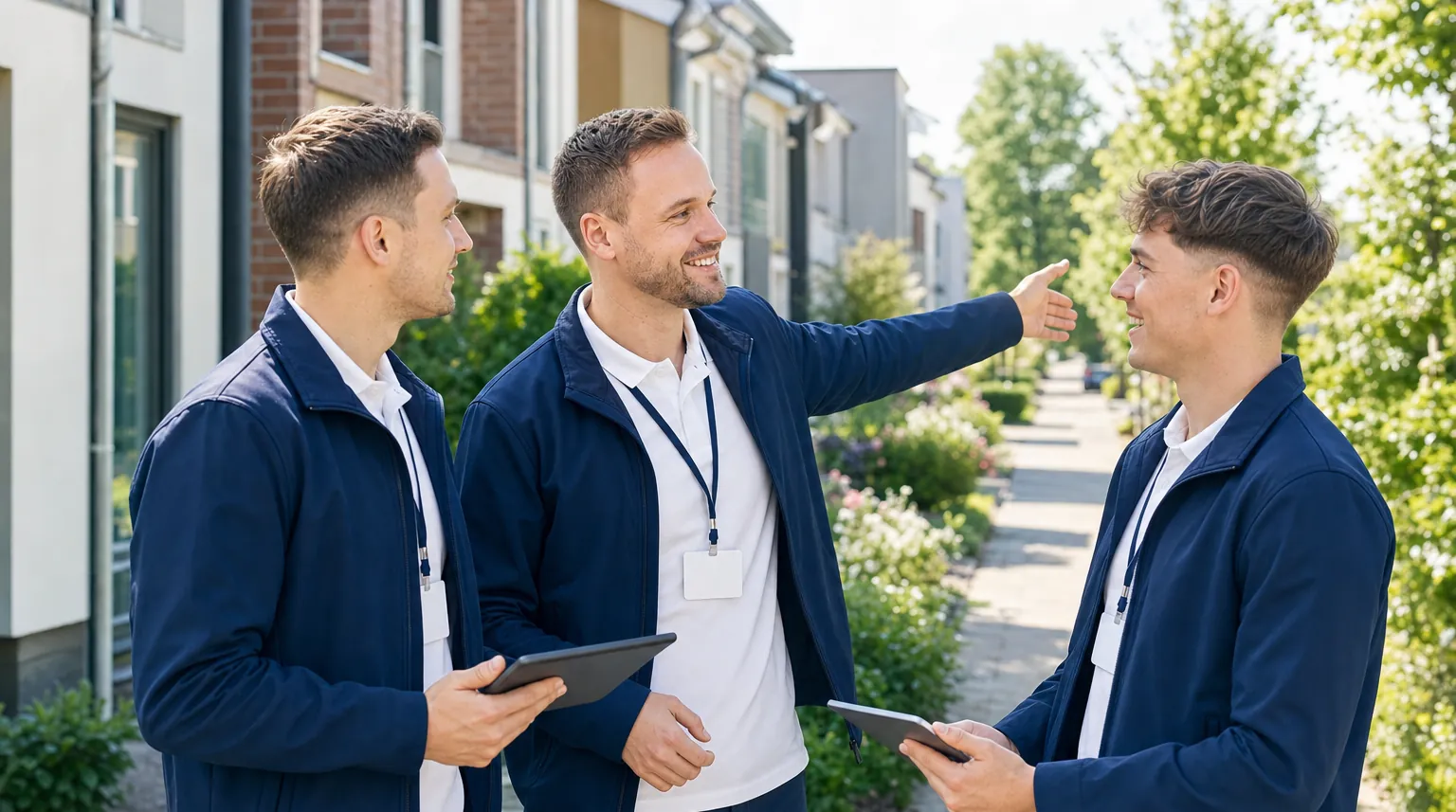 Door-to-Door-Team bespricht in einer Wohnstraße die nächste Tour