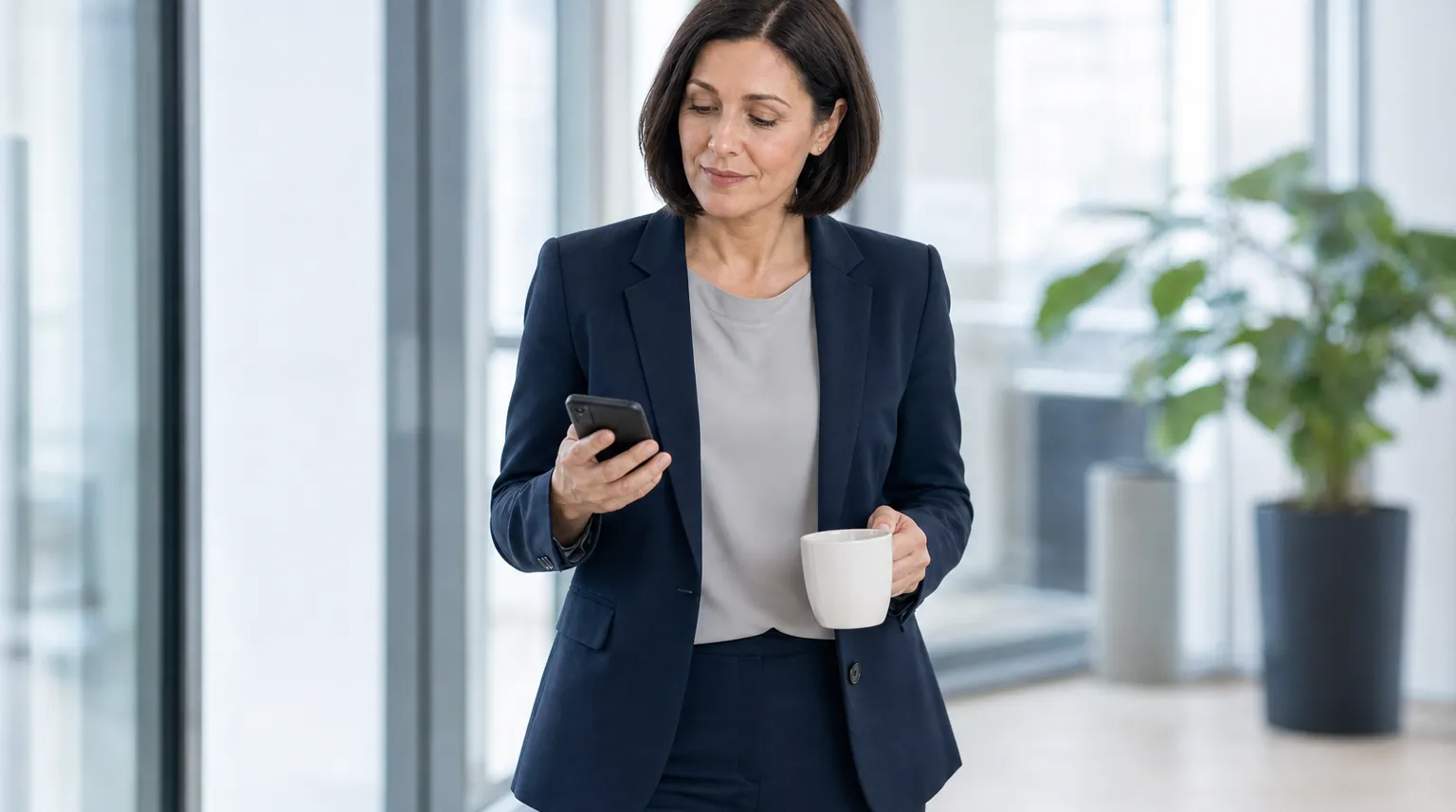 Beraterin wirft zwischen zwei Terminen einen kurzen Blick aufs Smartphone
