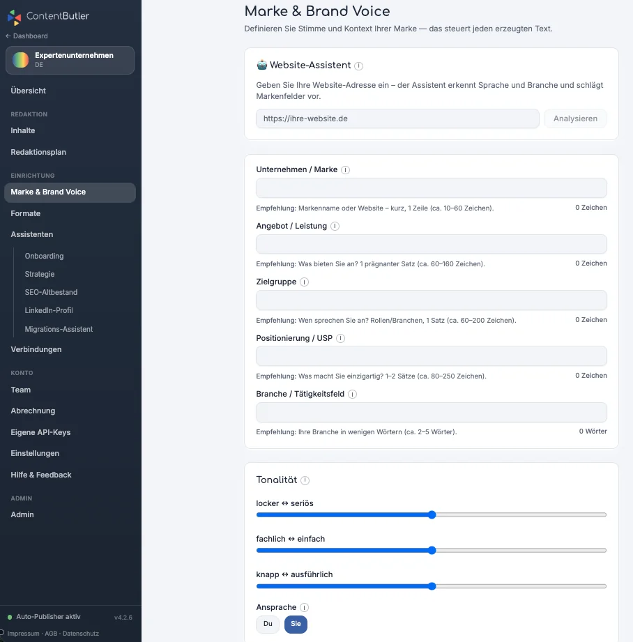 Marke & Brand Voice in Content Butler: Angaben zur Marke und Regler für die Tonalität
