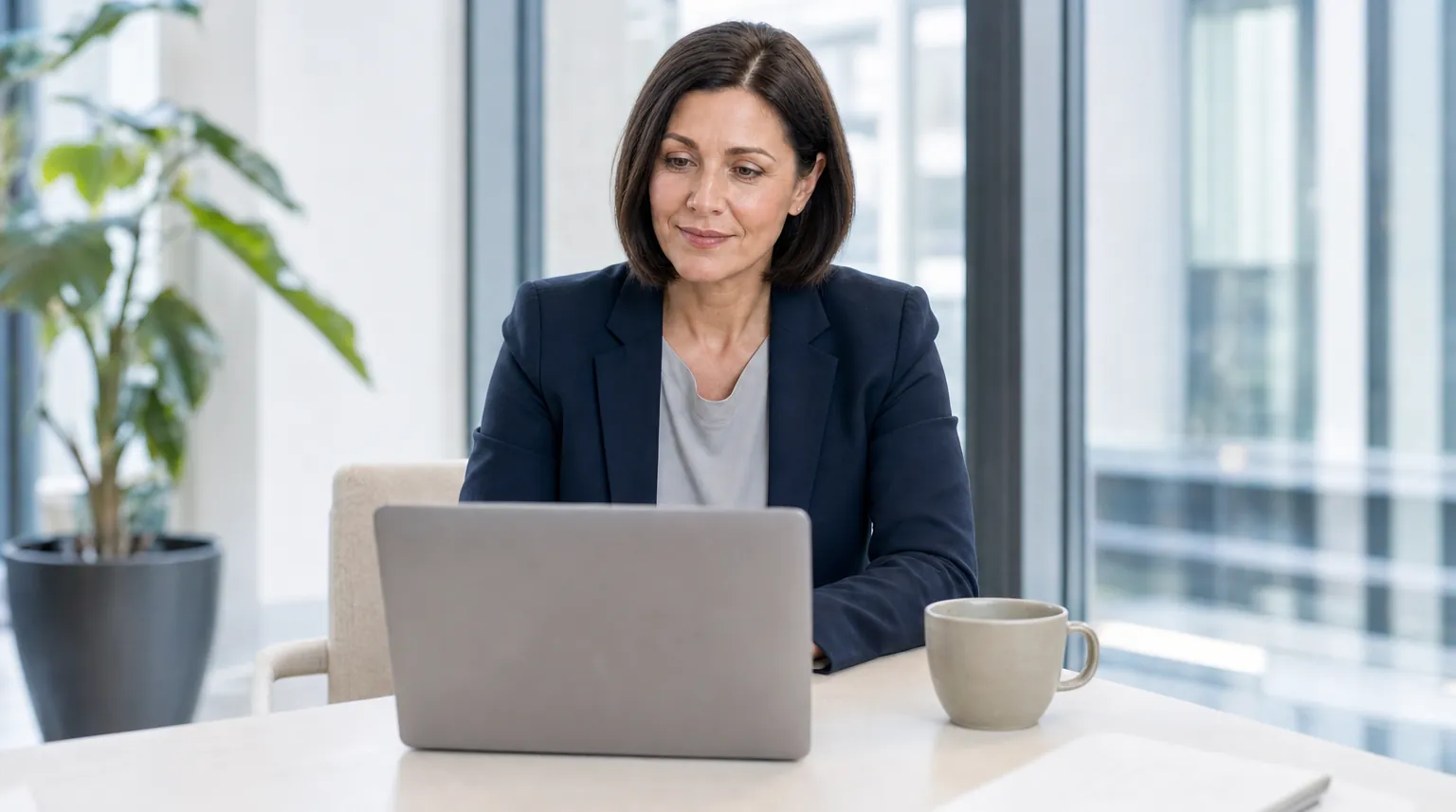 Mediatorin liest am Laptop eine neue Anfrage eines Klienten