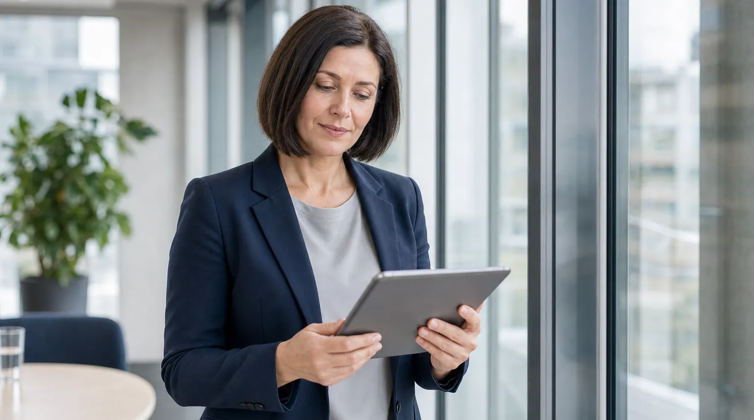 Mediatorin prüft am Fenster einen Beitrag auf dem Tablet