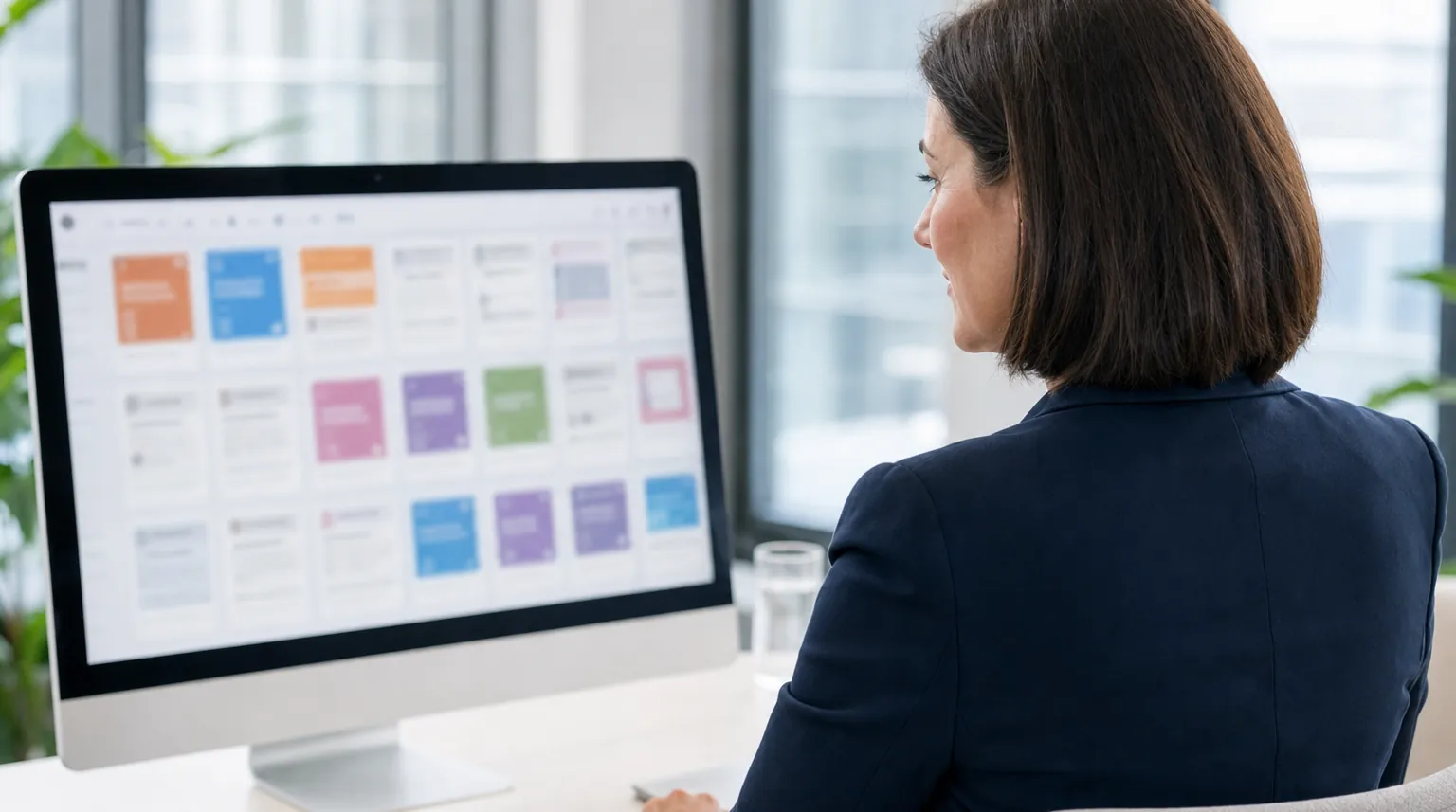 Mediatorin sieht am Monitor die Übersicht ihrer Website-Beiträge durch