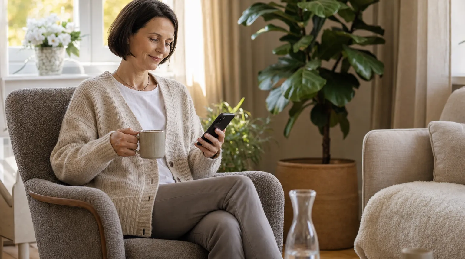 Mediatorin liest bei einer Tasse Tee eine neue Anfrage auf dem Smartphone Mediatorin liest bei einer Tasse Tee eine neue Anfrage auf dem Smartphone