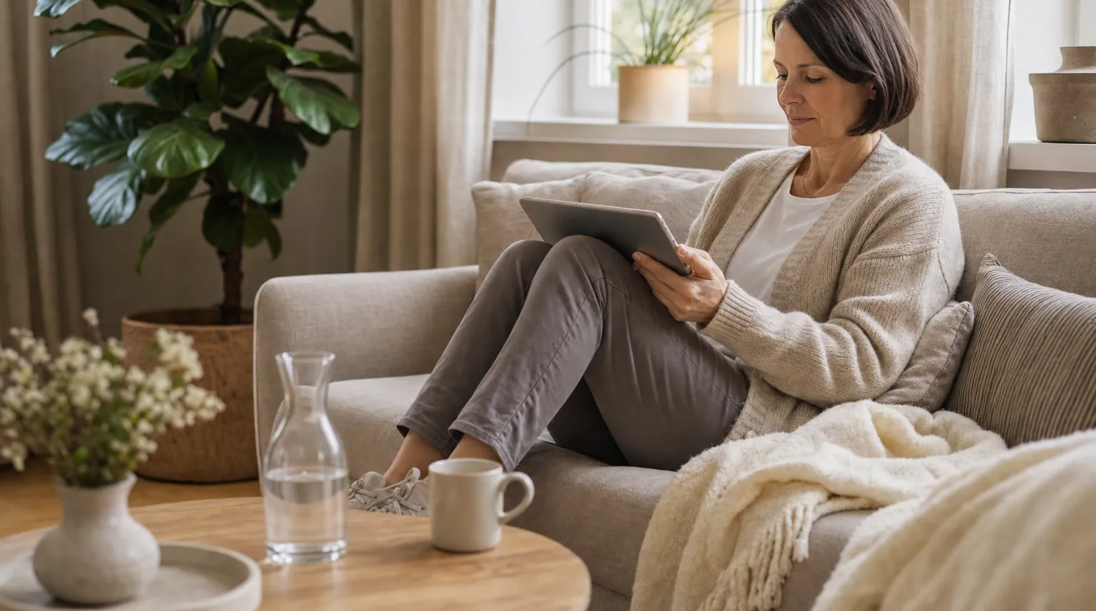 Mediatorin liest auf dem Sofa einen Beitrag auf dem Tablet Mediatorin liest auf dem Sofa einen Beitrag auf dem Tablet