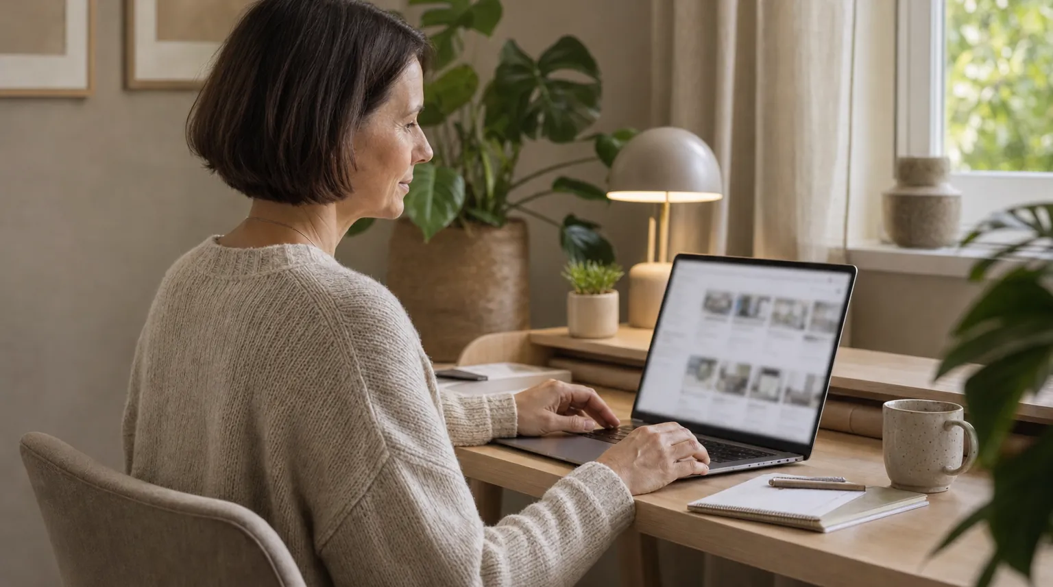 Mediatorin sieht in ihrer Praxis am Laptop die Übersicht ihrer Website-Beiträge durch Mediatorin sieht in ihrer Praxis am Laptop die Übersicht ihrer Website-Beiträge durch