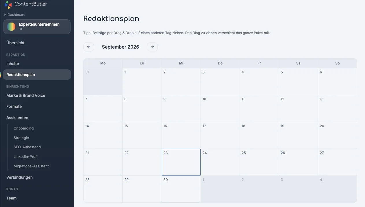 Redaktionsplan in Content Butler: Monatskalender mit Navigation für Inhalte, Marke und Assistenten