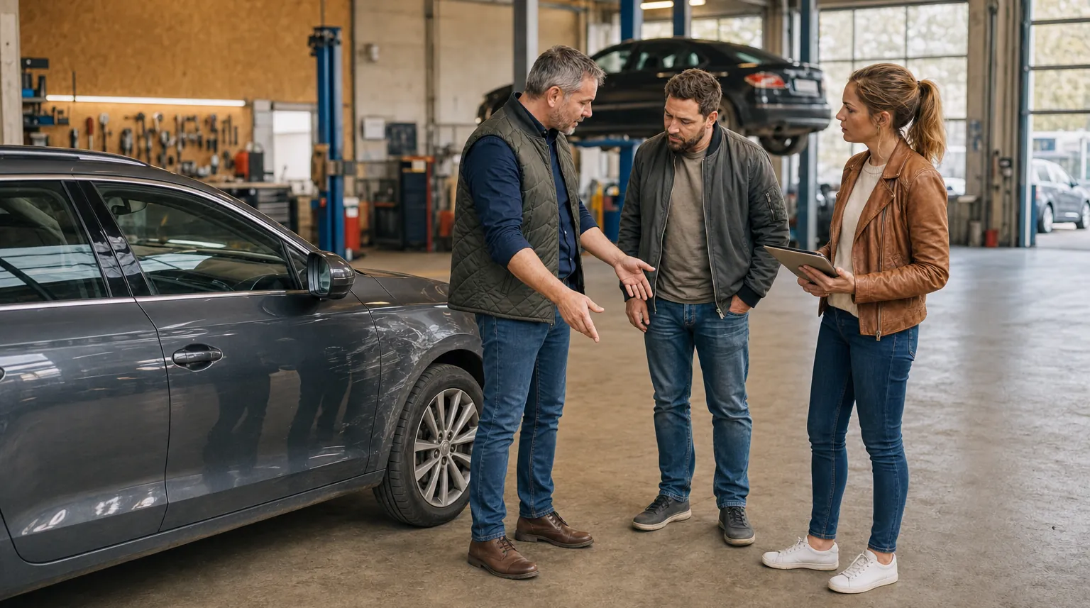 Kfz-Sachverständiger erklärt einem Kunden in der Werkstatt einen Schaden am Auto Kfz-Sachverständiger erklärt einem Kunden in der Werkstatt einen Schaden am Auto