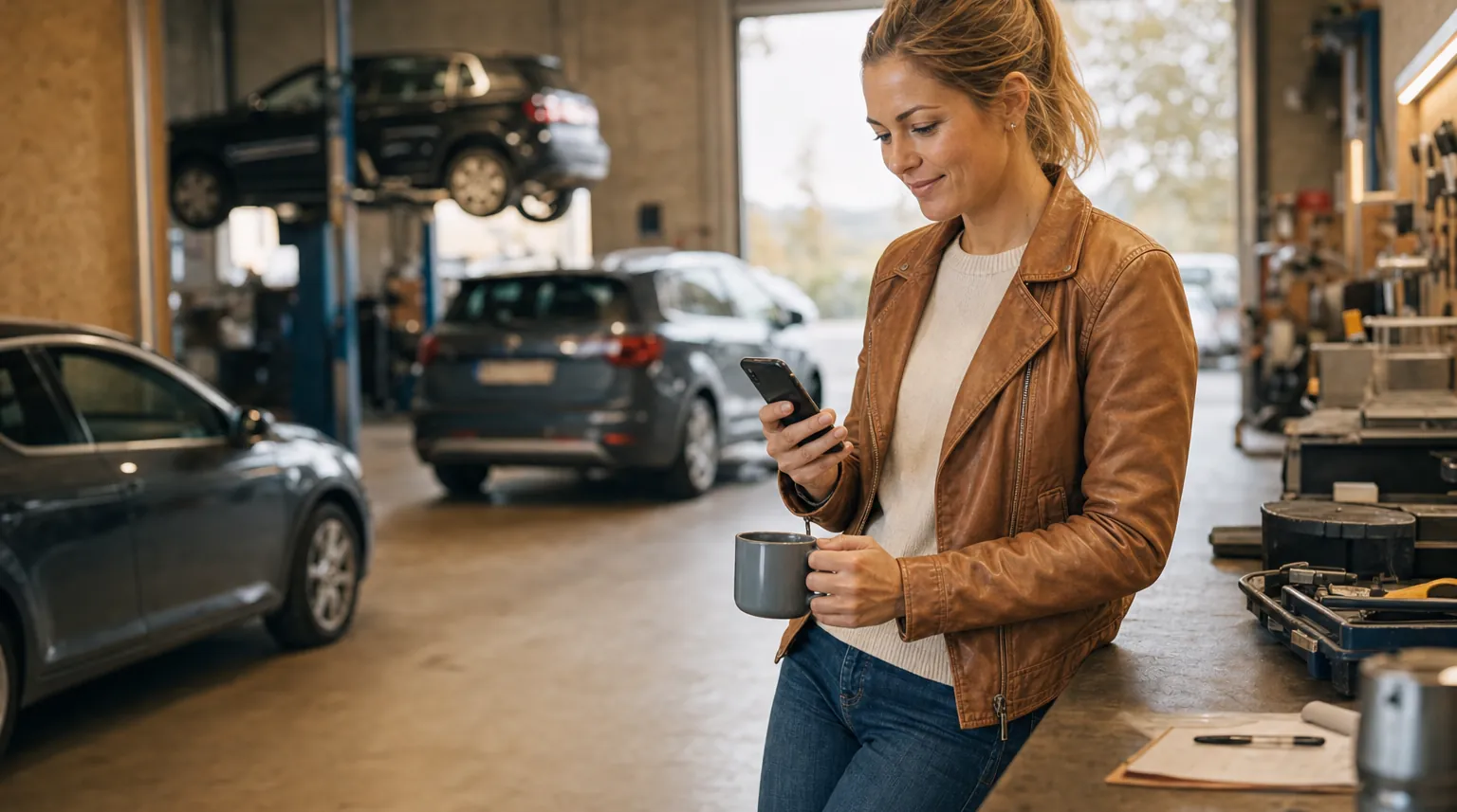 Sachverständige freut sich in der Werkstatt über eine neue Anfrage auf dem Smartphone Sachverständige freut sich in der Werkstatt über eine neue Anfrage auf dem Smartphone