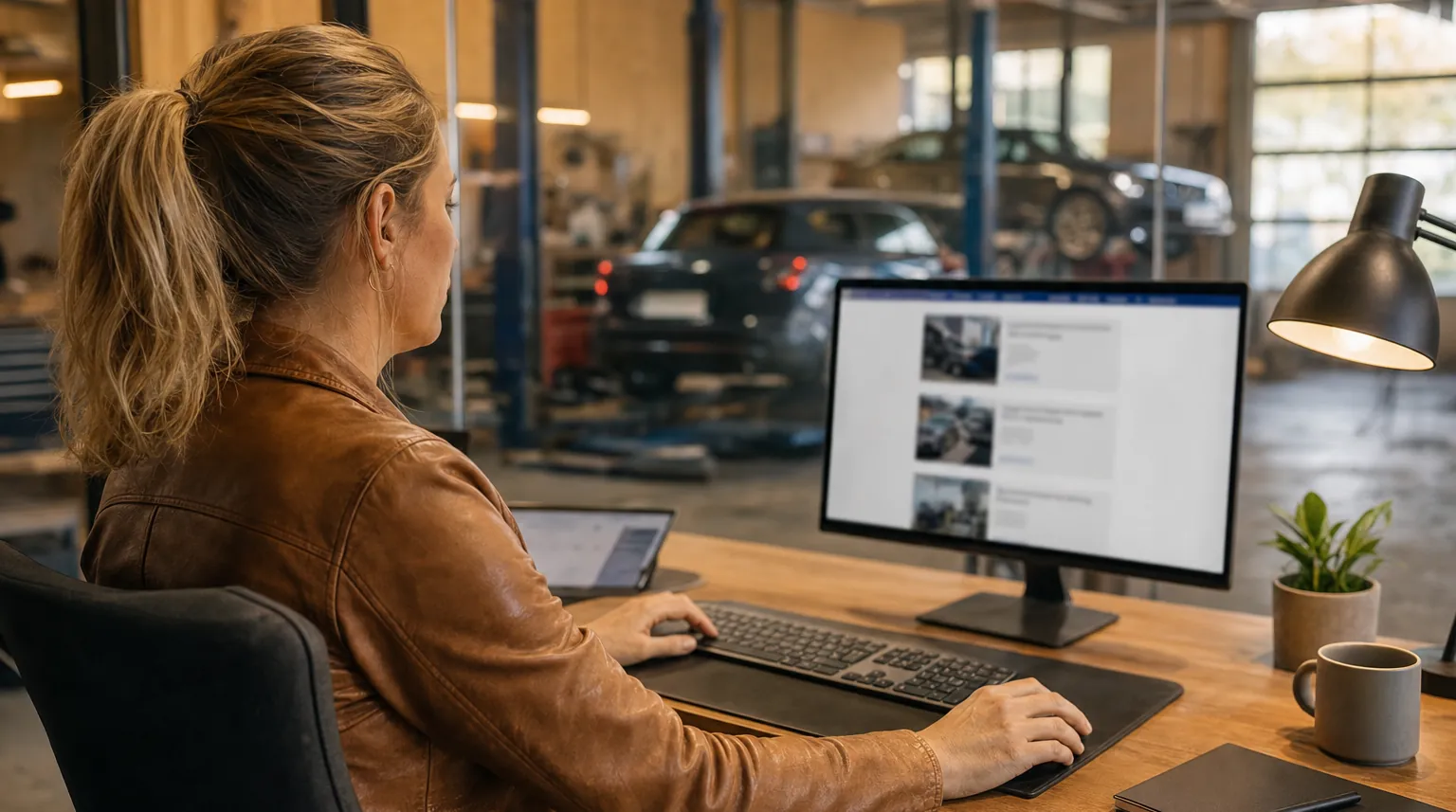 Sachverständige prüft im Werkstattbüro die Beitragsübersicht ihrer Website Sachverständige prüft im Werkstattbüro die Beitragsübersicht ihrer Website