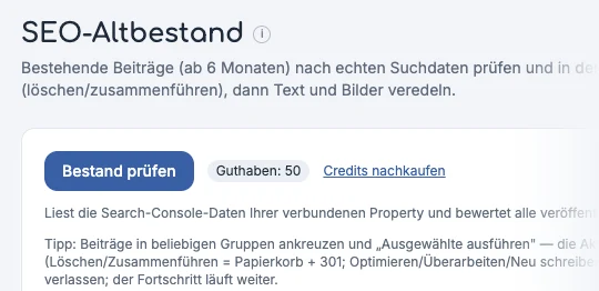 SEO-Altbestand in Content Butler: bestehende Beiträge nach echten Suchdaten prüfen, Button „Bestand prüfen“