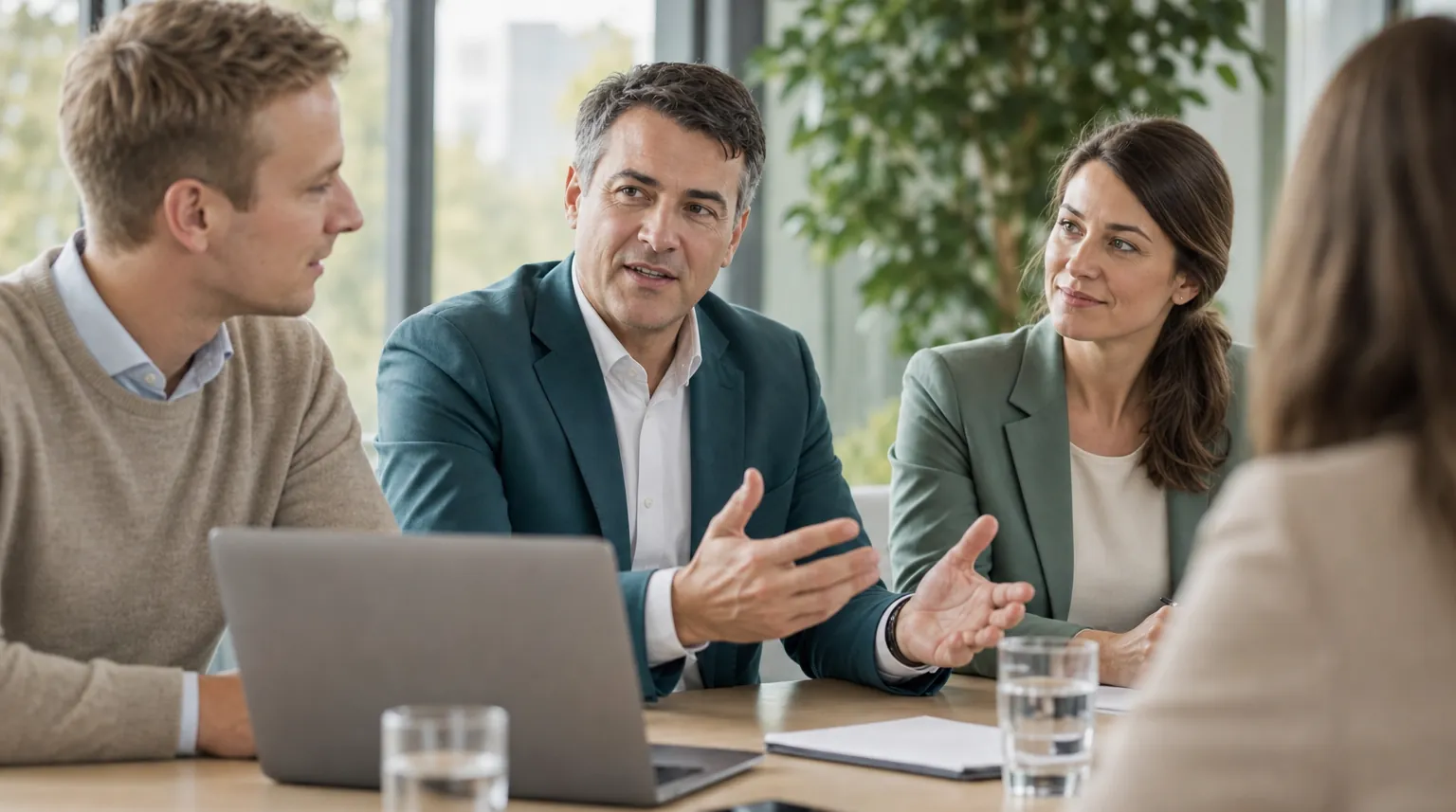 Steuerberater im Gespräch mit einer Mandantin am Besprechungstisch Steuerberater im Gespräch mit einer Mandantin am Besprechungstisch