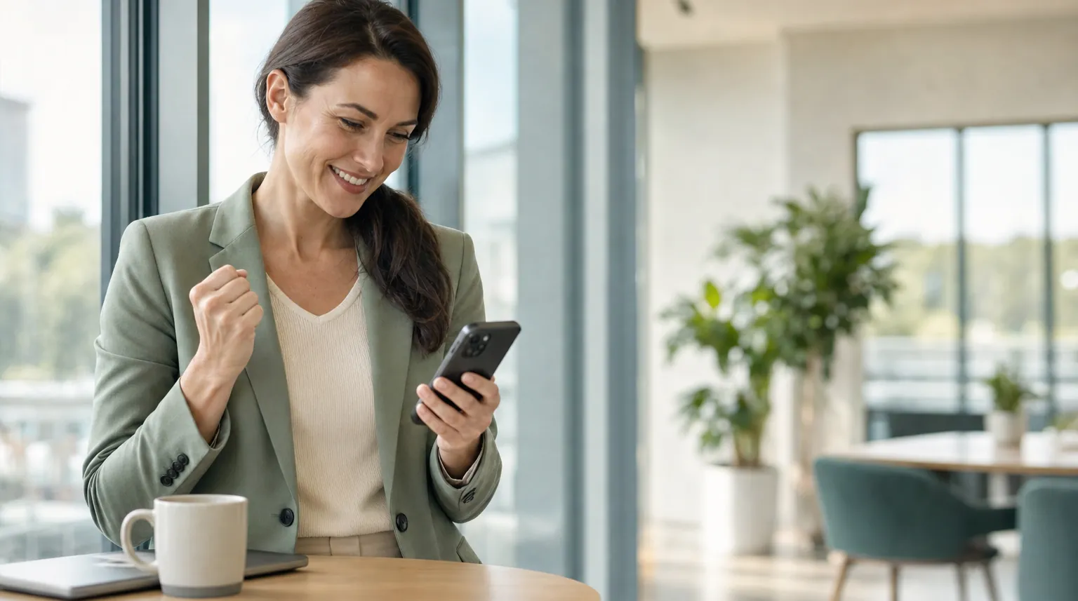 Steuerberaterin freut sich über eine neue Mandantenanfrage auf dem Smartphone Steuerberaterin freut sich über eine neue Mandantenanfrage auf dem Smartphone