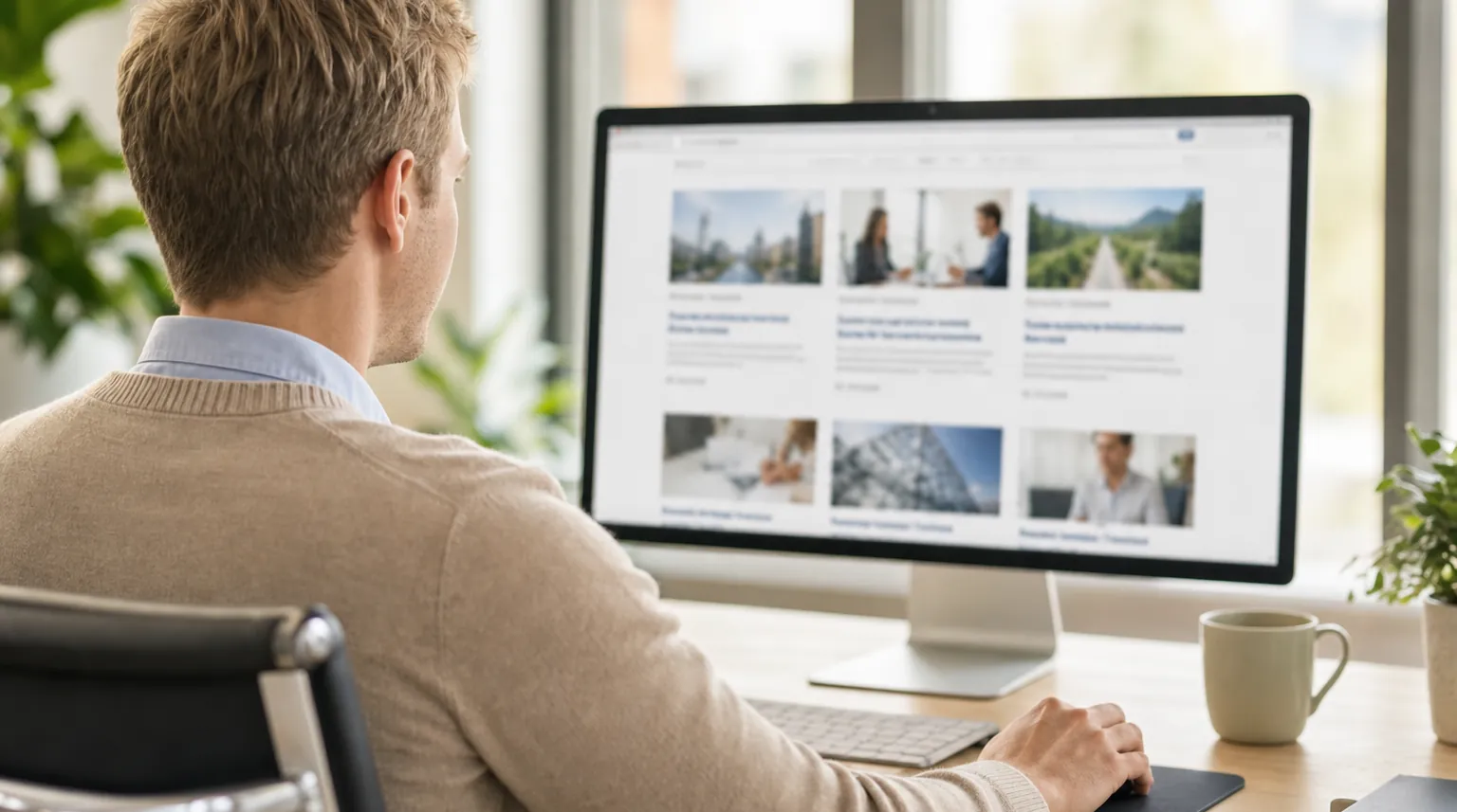 Mitarbeiter einer Kanzlei prüft die Beitragsübersicht der Website am Monitor Mitarbeiter einer Kanzlei prüft die Beitragsübersicht der Website am Monitor