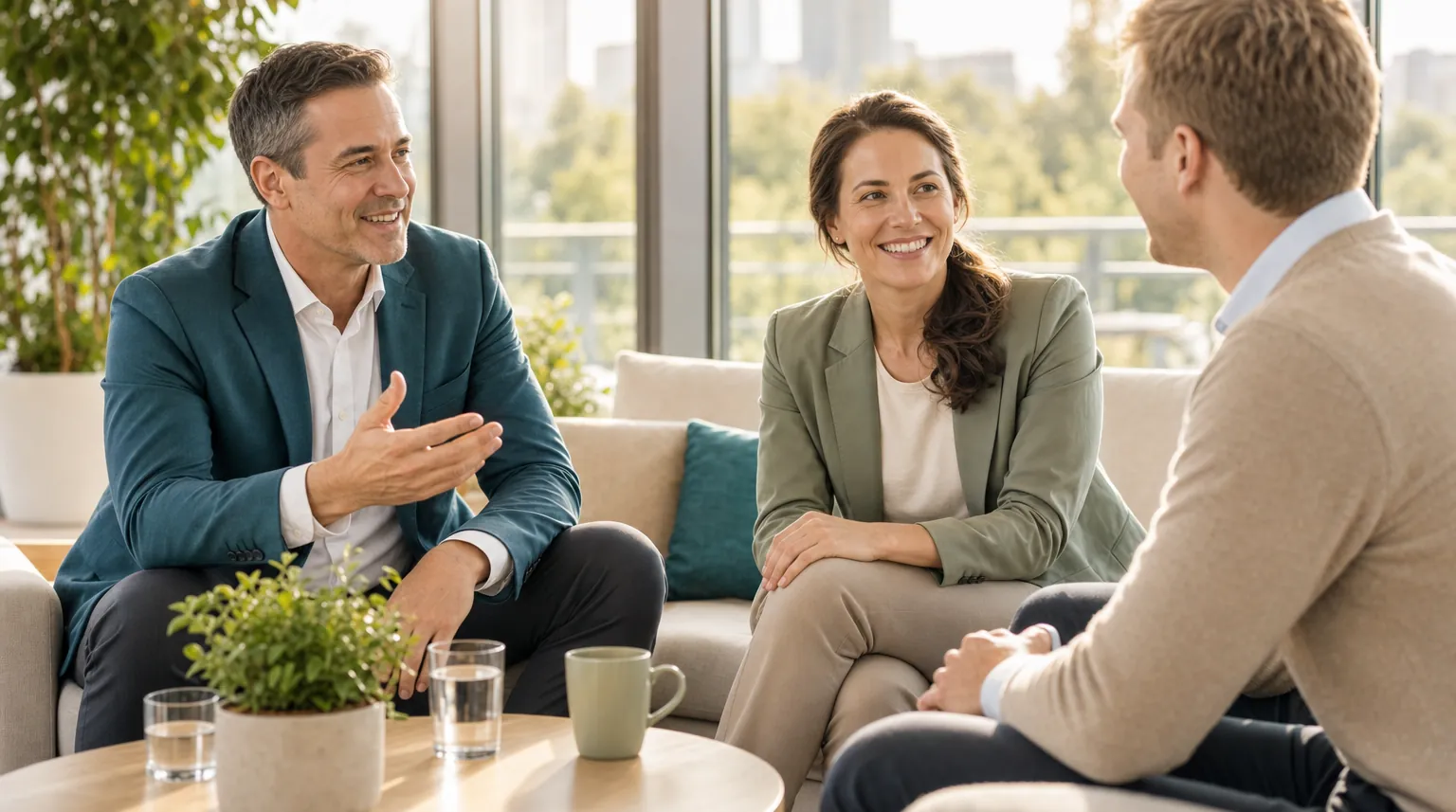 Kanzleiteam im entspannten Gespräch in einer hellen Lounge-Ecke Kanzleiteam im entspannten Gespräch in einer hellen Lounge-Ecke