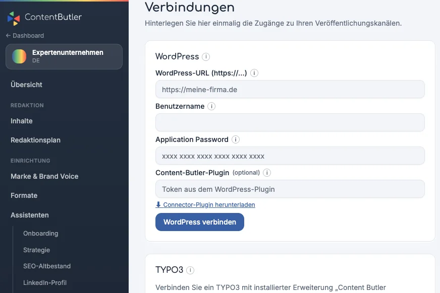 Verbindungen in Content Butler: Zugänge zu WordPress und TYPO3 einmalig hinterlegen